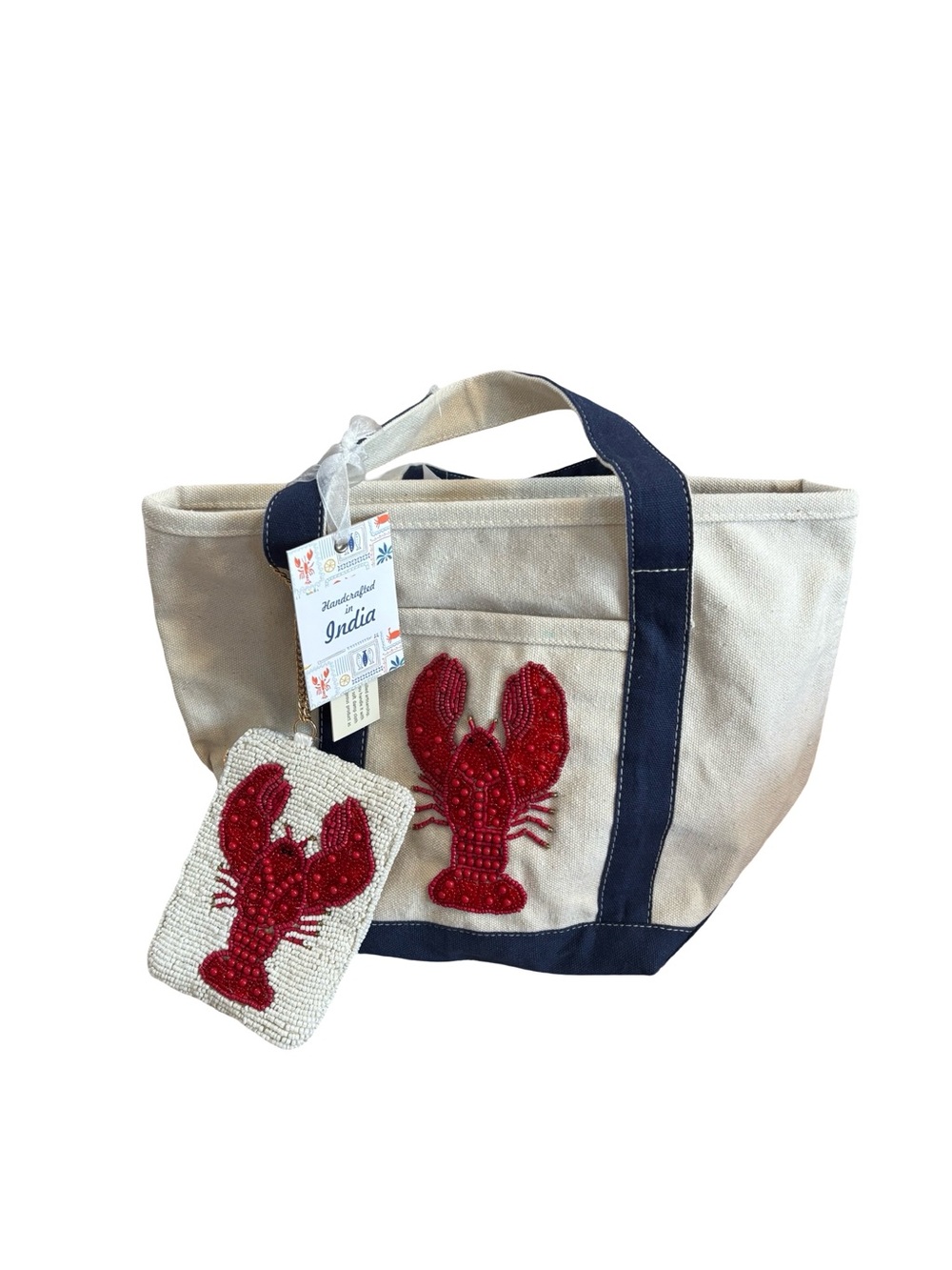 T.J.Maxx Cream Canvas Tote with Navy Trim and Red Beaded Lobster wallet